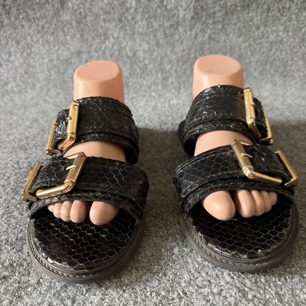 Schutz Shina Double Buckle Slide Flat Sandals 10B Black Snake-embossed Leather